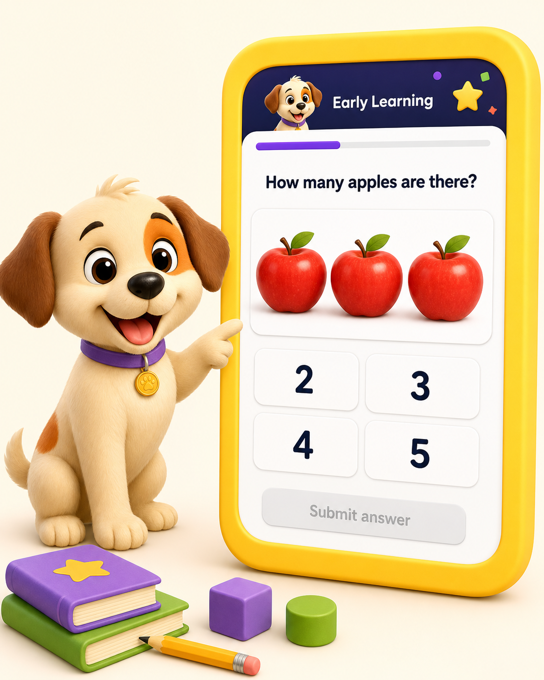 Buddy points to a static Wizkyds counting question showing exactly three apples and four answer choices