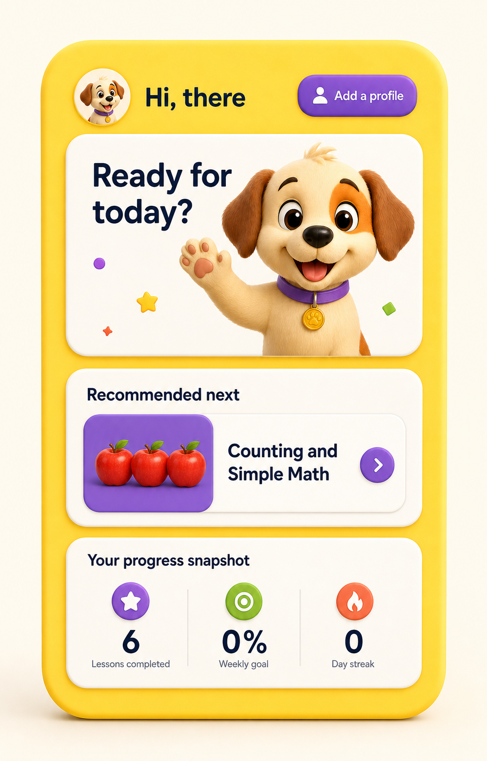 Static Wizkyds parent dashboard showing Buddy, recommended counting practice, and a simple progress snapshot